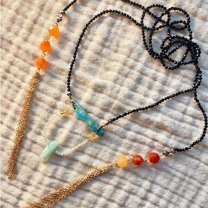 Gold Tassel Necklace with Orange and Turquoise Beads